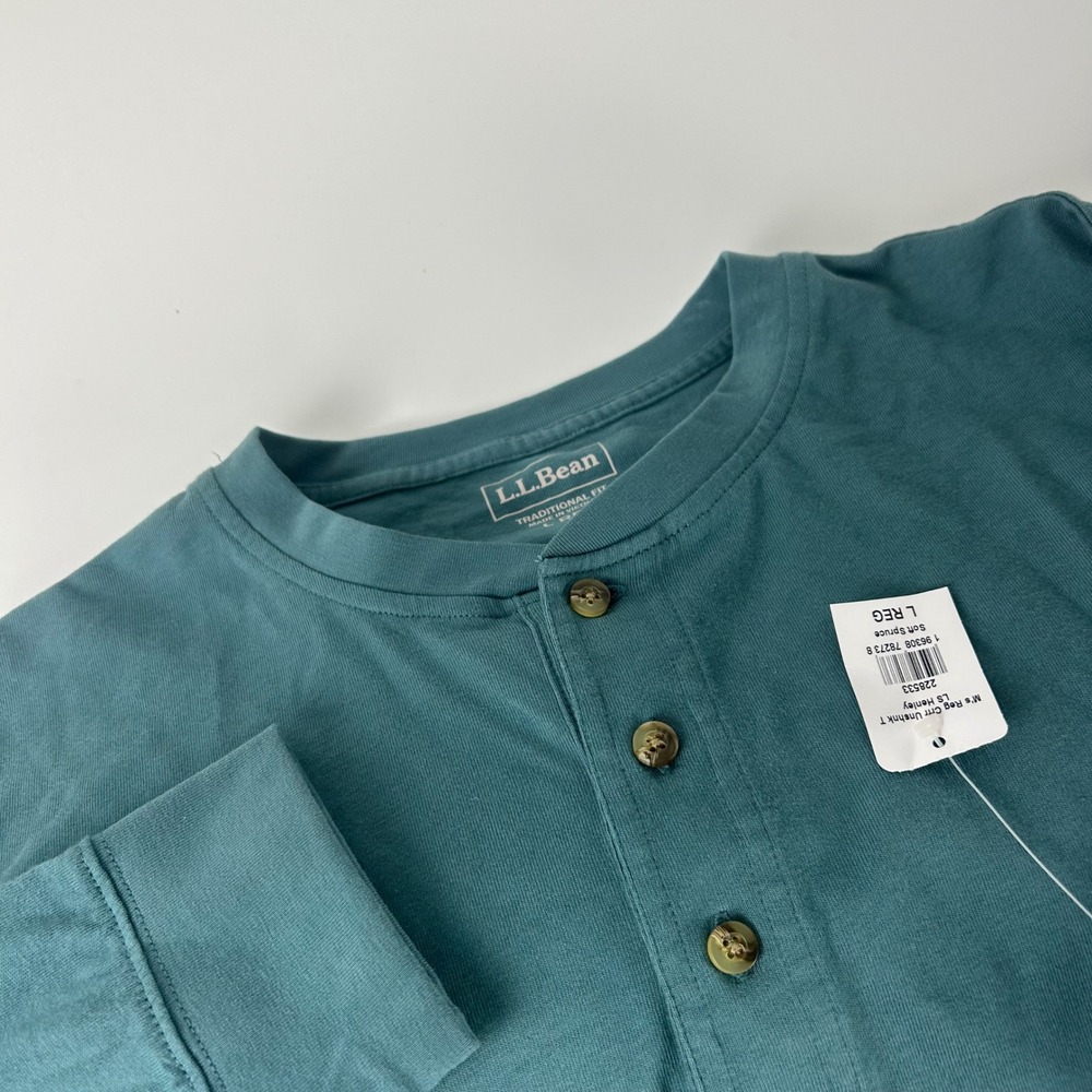 LL Bean Mens L Carefree Unshrinkable Long Sleeve Henley Shirt Soft Blue NWT